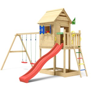 Jungle Gym Spielturm Holz Hideout mit Dach 2 Schaukeln Fensterl. Rutsche Rot