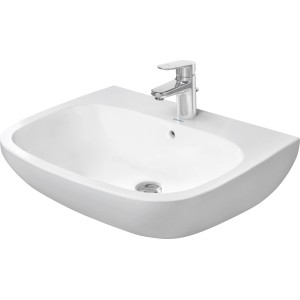 Weißes Duravit D-Code Waschbecken, 65 cm, mit Überlauf und Armatur.