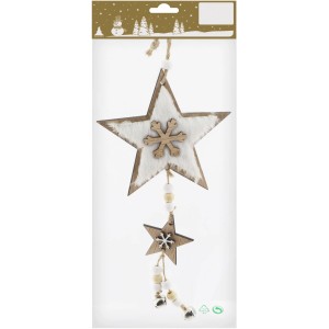 Weihnachtlicher Dekoanhänger: Holzsterne mit Kunstfell und kleinen Glöckchen, 31 cm lang.