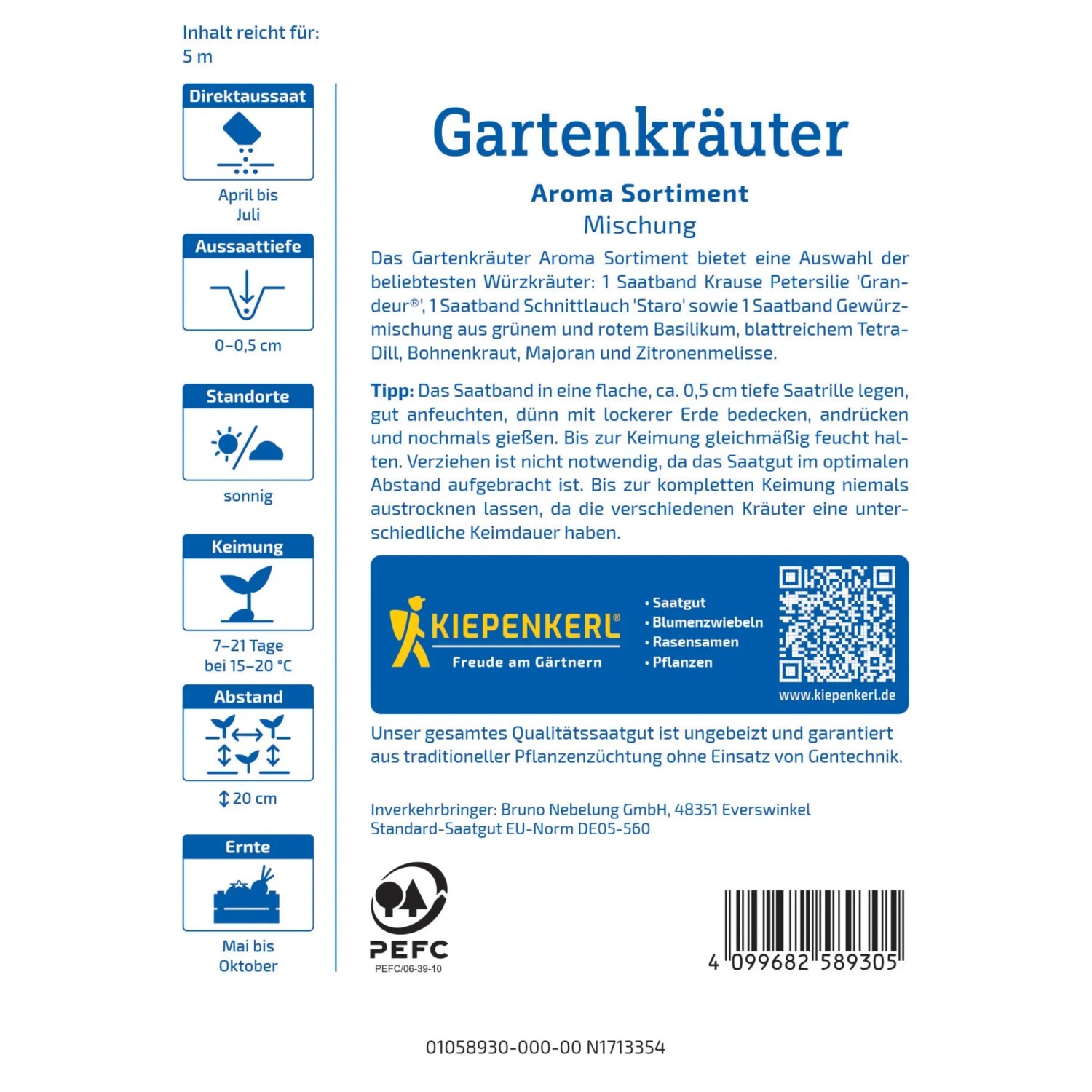 Kiepenkerl Gewürzkräuter-Kombination Saatband mit Petersilie, Schnittlauch und Gewürzmischung.