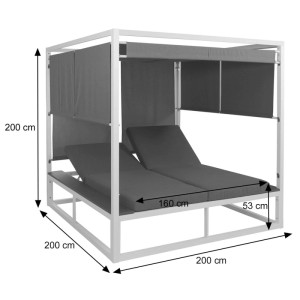 Weiße Aluminium Lounge-Gartenliege mit grauen Polstern und Vorhängen, Maße 200x200x200 cm.