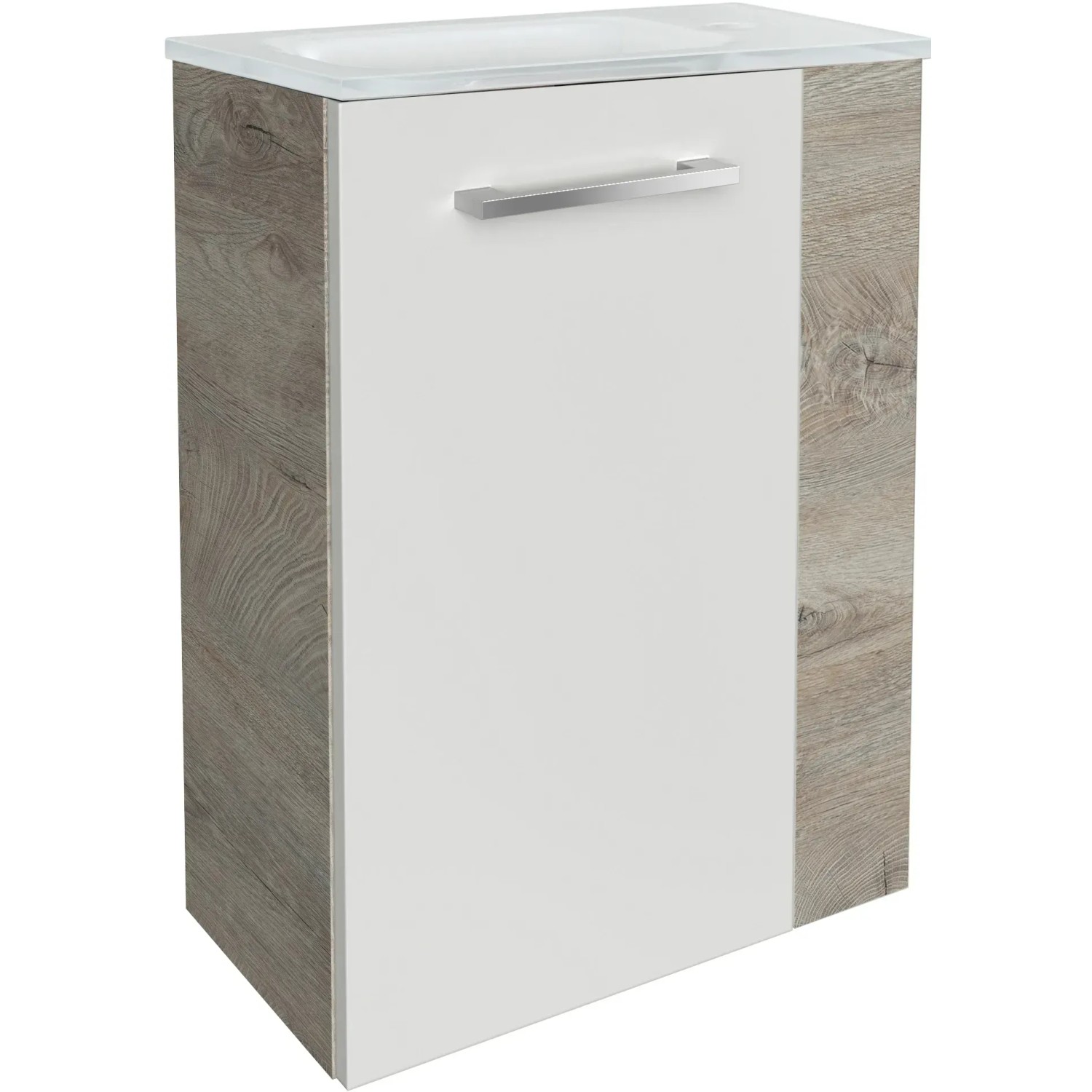 Fackelmann Waschbeckenunterschrank SBC Eiche Natur, 44 cm breit, mit weißer Front und Griff.