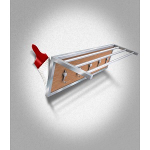Illustration: Kleber "Montage-Kleber Extrem" als Regal an Wand geklebt, mit Haken und Ablage.