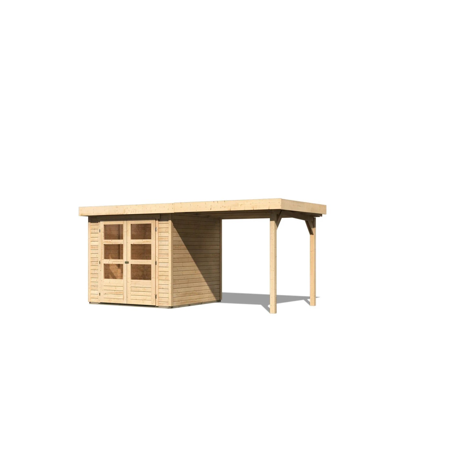 Naturbelassenes Karibu Holz-Gartenhaus Speedy A mit Anbaudach. Geräteschuppen mit Doppeltür und überdachter Fläche.