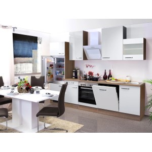 Küchenzeile Valero in Weiß Hochglanz und Sonoma Eiche Optik mit E-Geräten und Esstisch.