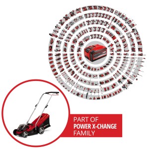 Einhell Akku-Rasenmäher GE-CM 36/33 Li mit Power X-Change Akku und weiteren Geräten der Familie.