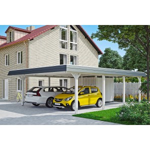 Weißer Skan Holz Doppelcarport Wendland mit Anbau und zwei geparkten Autos.