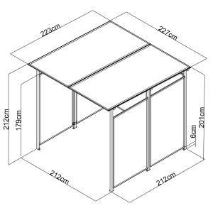 Skizze Floraworld Multifunktionsunterstand Bus, offene Vorderseite, Maße 212x227x223 cm.