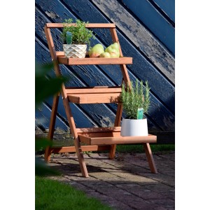 Klappbare, braune Dobar Blumentreppe aus FSC®-Holz mit drei Ebenen für Garten oder Balkon.