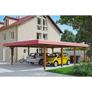 Skan Holz Doppelcarport Wendland Nussbaum mit roter Blende und zwei geparkten Autos.