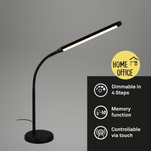 Schwarze Brilo LED Schreibtischleuchte Pivaz mit Touch-Dimmer und warmweißem Licht.