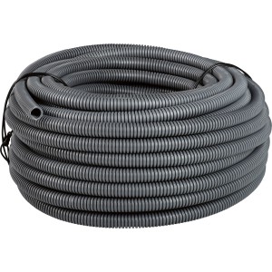 Flexibles, dunkelgraues EN 16 Isolierrohr, 25 m lang, gerollt.