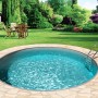 Graues BWT Rundpool-Set Premium (Ø 2,5 m) im Garten mit Leiter und Sandfilteranlage.