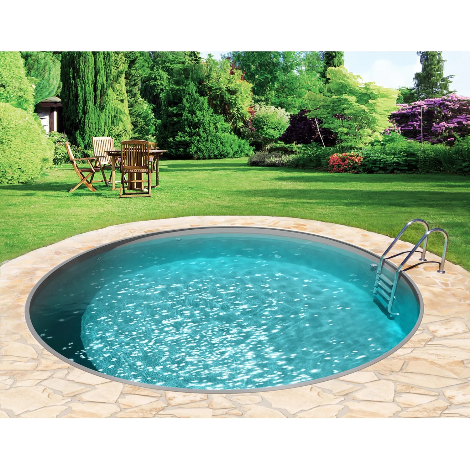 Graues BWT Rundpool-Set Premium (Ø 2,5 m) im Garten mit Leiter und Sandfilteranlage.