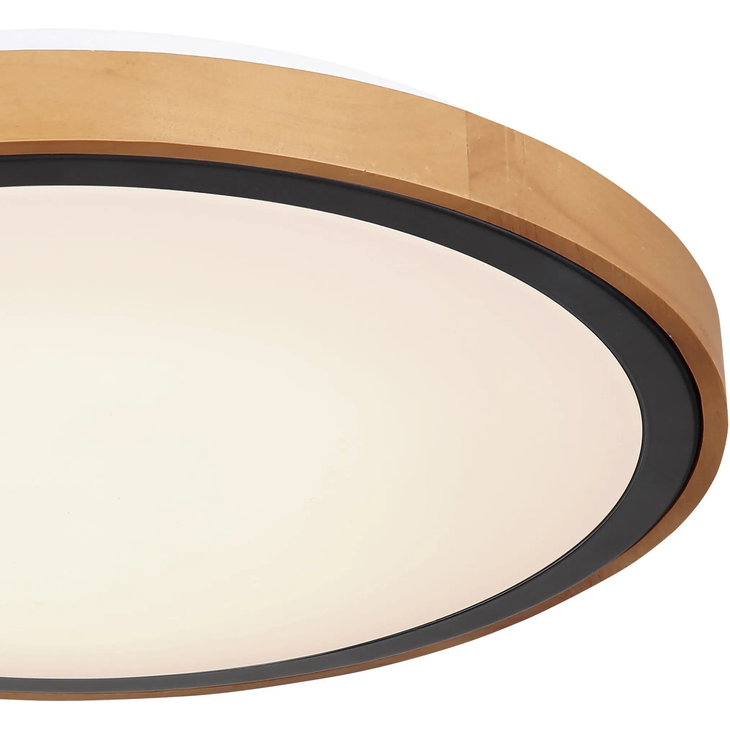 Moderne LED-Deckenleuchte Bruno mit Holzrahmen und schwarzem Akzent, dimmbar.