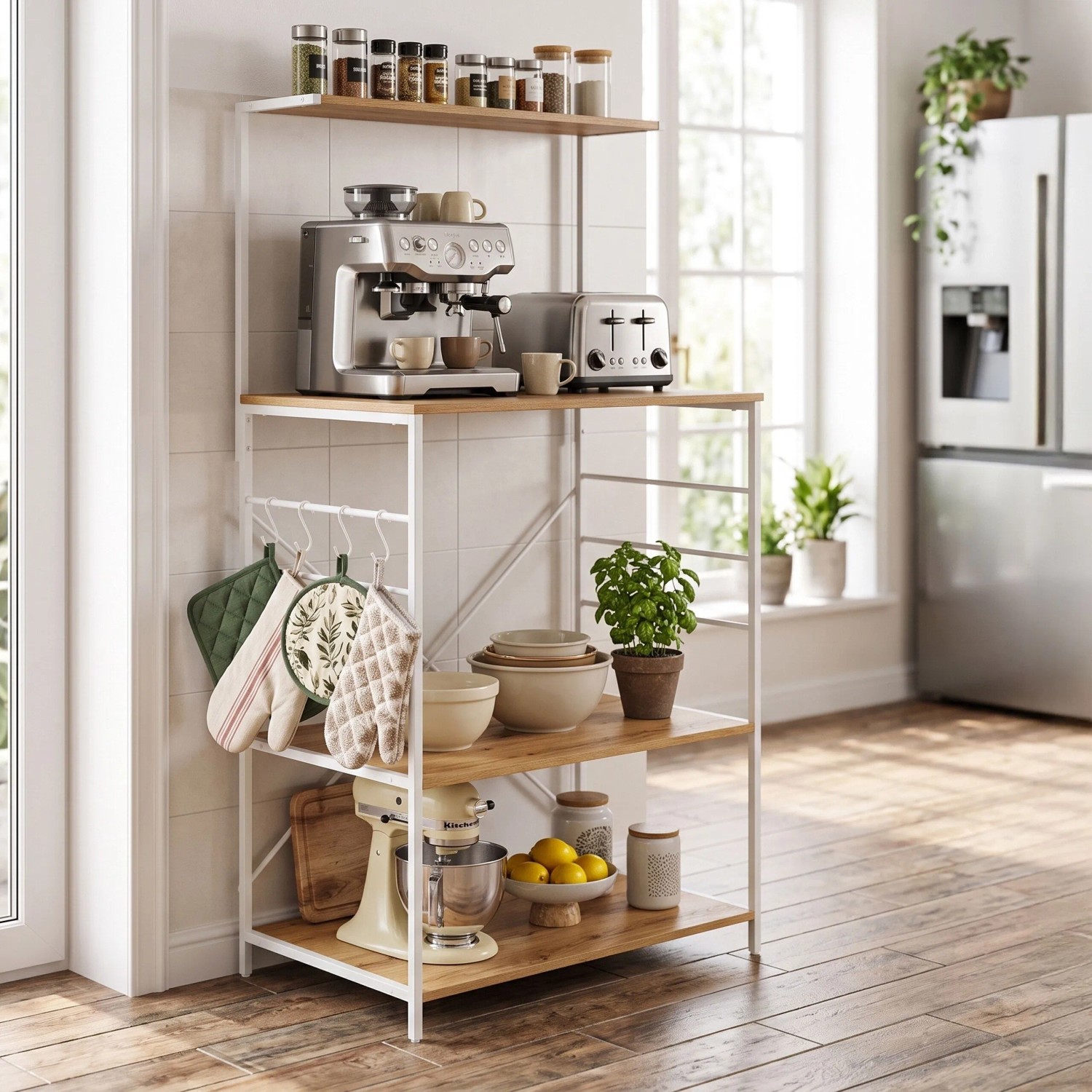 Relaxdays Küchenregal MDF Eisen Holzoptik-Weiß mit 4 Ablagen und 4 Haken Höhenverstellbar 123 cm x 60 cm x 40 cm kaufen bei OBI