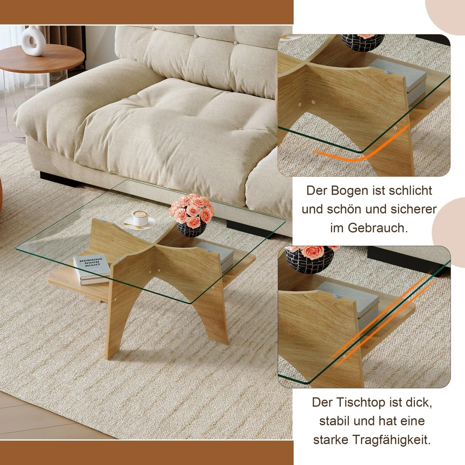 okwish Beistelltisch mit Sicherheitsglas Quadratisch Wohnzimmer Büro 80x80x40cm Natur_8