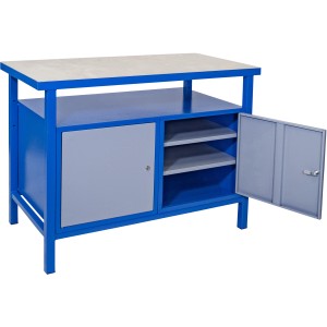 Güde Werkbank P 1200 TT in Grau-Blau mit zwei abschließbaren Fächern und Fachböden.