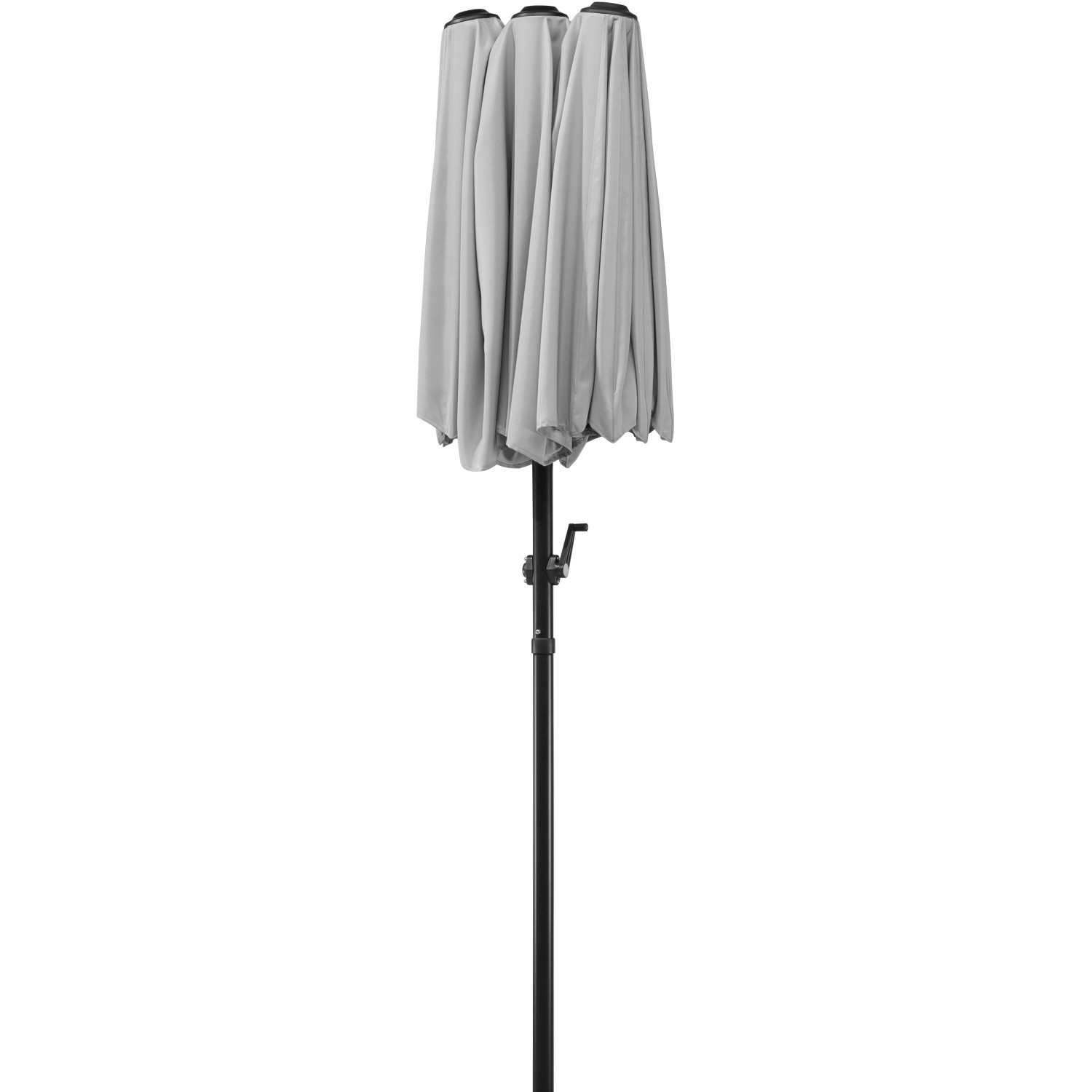 Zusammengeklappter, silbergrauer Schneider Marktschirm mit Knickfunktion.