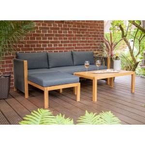 Acamp Loungegruppe Malaga Teak-Schwarz: 3-teilige Gartenlounge aus Akazienholz mit grauen Polstern und Tisch.