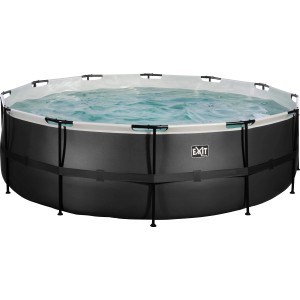 Schwarzer Exit Black Leather Pool, ø 450x122 cm, mit Stahlrahmen, Sandfilterpumpe und Wasser.
