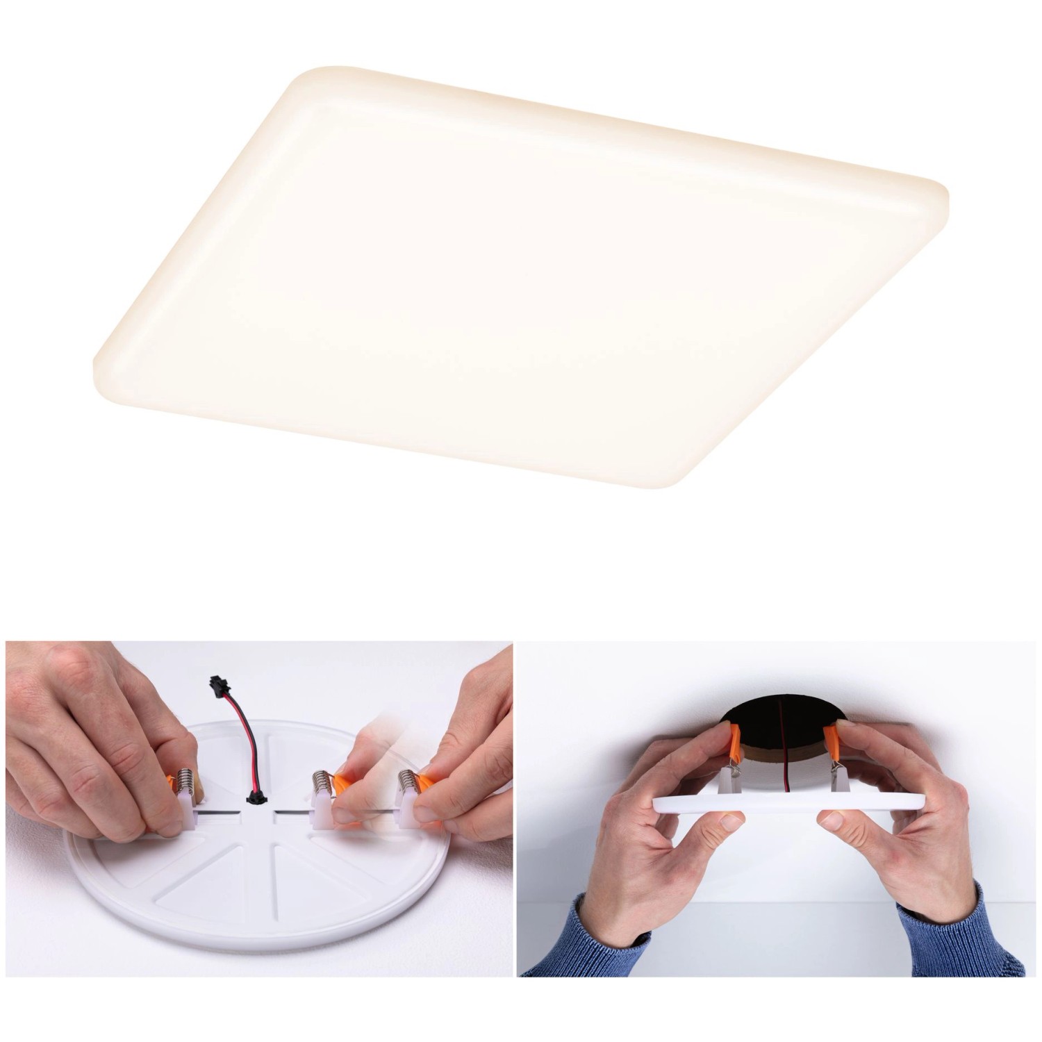 Paulmann LED-Einbaupanel Veluna, eckig, 17W, 3-Stufen-dimmbar, mit Montagebeispiel.