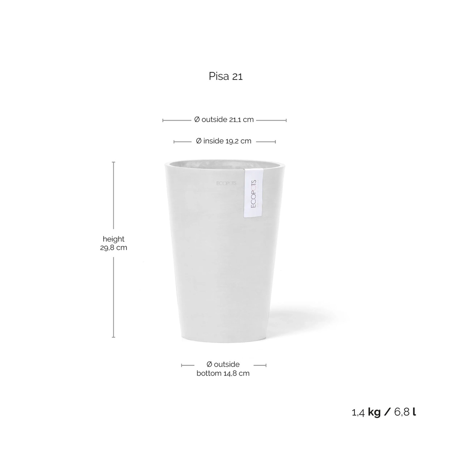 Weiße Ecopots Vase Pisa 21 cm x 30 cm. Dekorative Blumenvase für Innen und Außen.