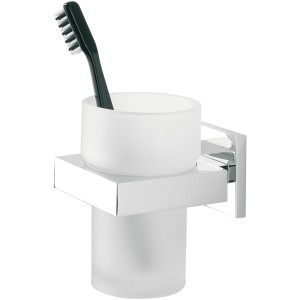 Tiger Items Zahnputzbecher: Eckiger Becher aus Glas mit Halterung aus Edelstahl, inklusive Zahnbürste.