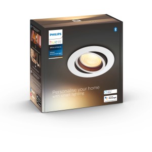 Verpackung des runden, weißen Philips Hue Einbauspots Milliskin White Ambiance mit 250 lm.