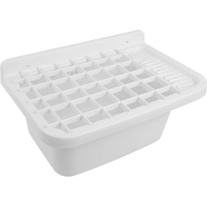 Weißes Ausgussbecken aus Kunststoff, 50 cm breit, mit Gittereinsatz. Ideal für Keller und Werkstatt.