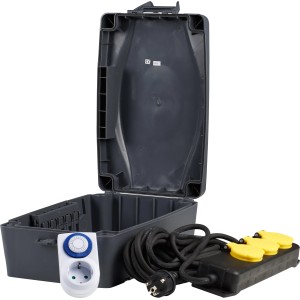 Wetterschutzbox mit 3-fach Steckdosenleiste, 8m Kabel und Zeitschaltuhr für den Außenbereich.