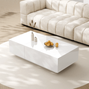 Weißer Hochglanz-Couchtisch mit Schubladen im modernen Wohnzimmer. Rechteckiger Wohnzimmertisch 100x50 cm mit Stauraum.
