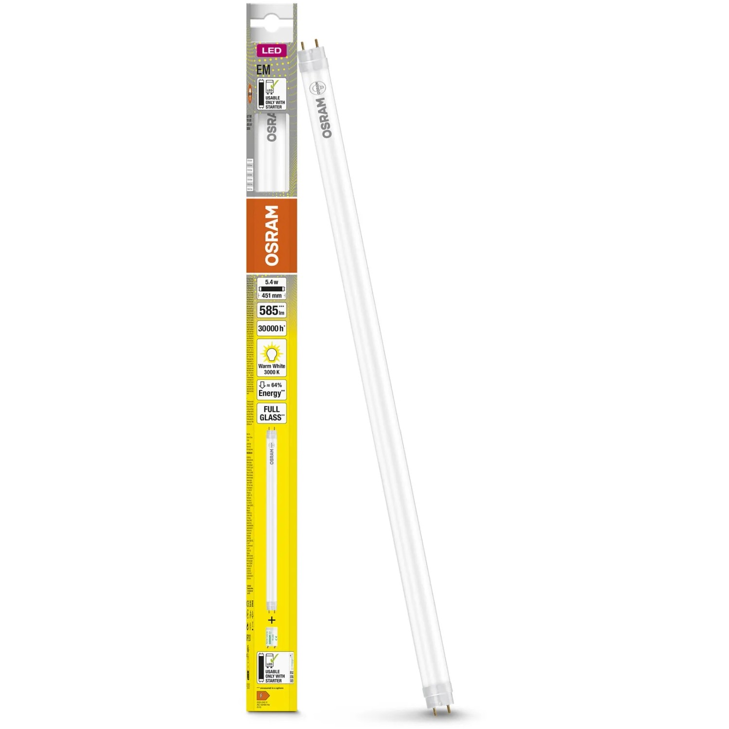 Osram LED-Leuchtstofflampe, 5,4W, warmweiß, G13 Sockel. LED Röhre mit 45,1 cm Länge.