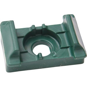 Grüner Kunststoff-Auflagebock ohne Seitenführung für Eckpfosten im Zaunbau.