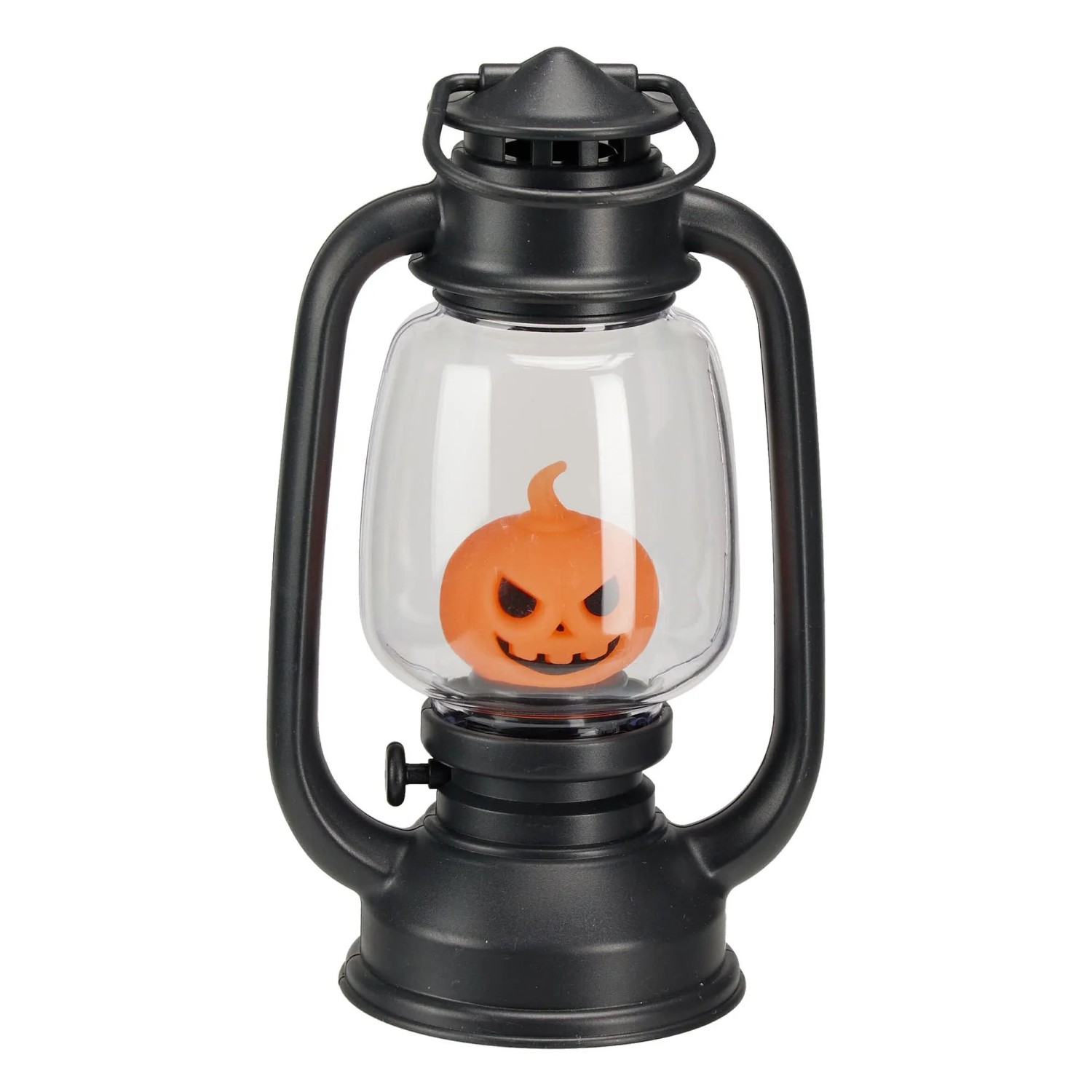 Schwarze Halloween-Laterne mit LED-Licht und Sound. Im Inneren ein grinsender orangefarbener Kürbis. Perfekte Deko.