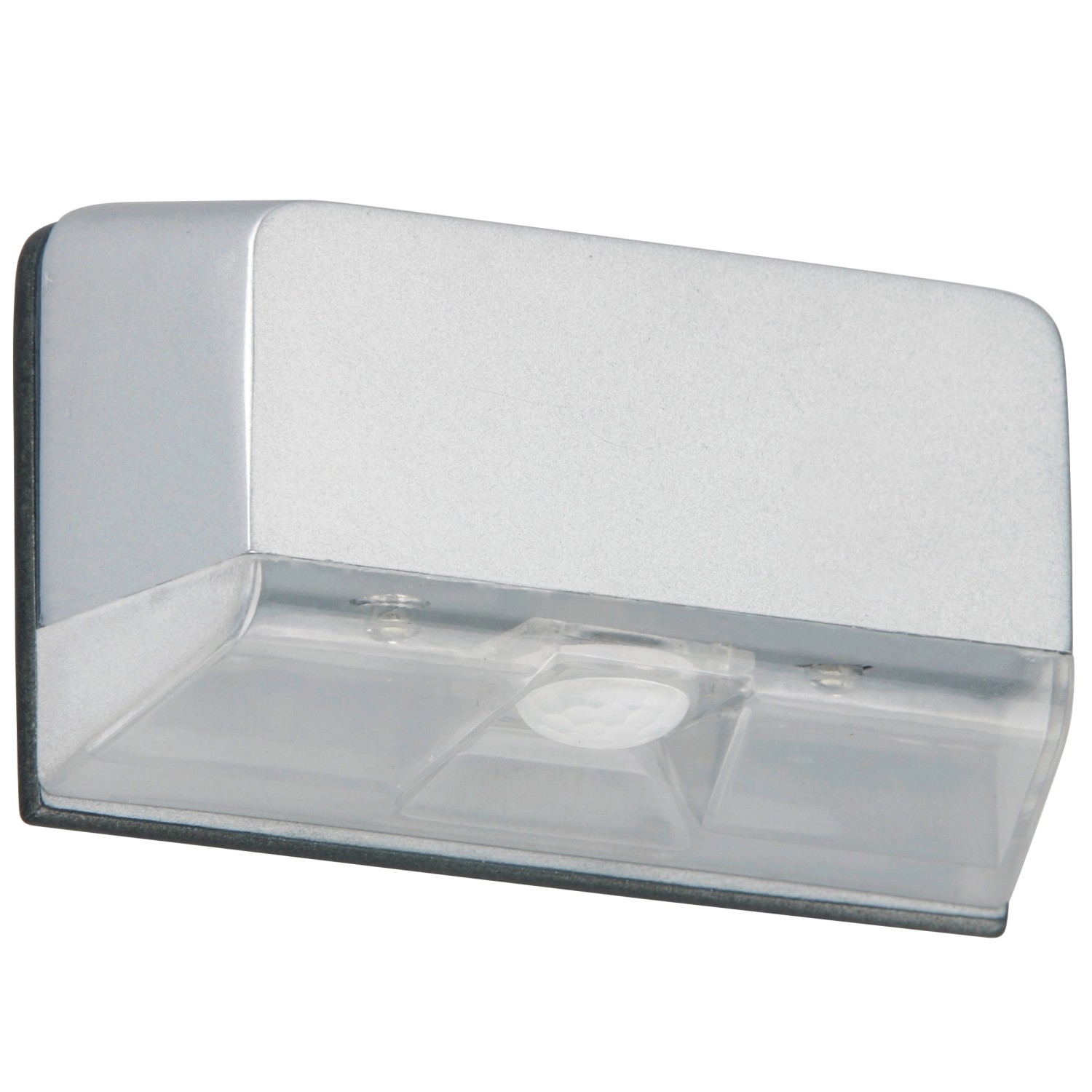 Silberne Briloner LED-Außenwandleuchte Lero mit Bewegungsmelder und Batterie.