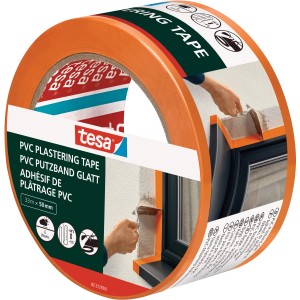 Orangefarbenes Tesa PVC Putzband, 33m x 50mm, für den Außenbereich.