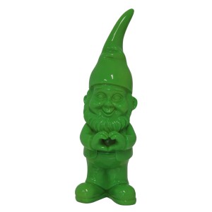 Grüne Dekofigur Zwerg mit Herz, 58 cm hoch, für Garten und Wohnbereich.