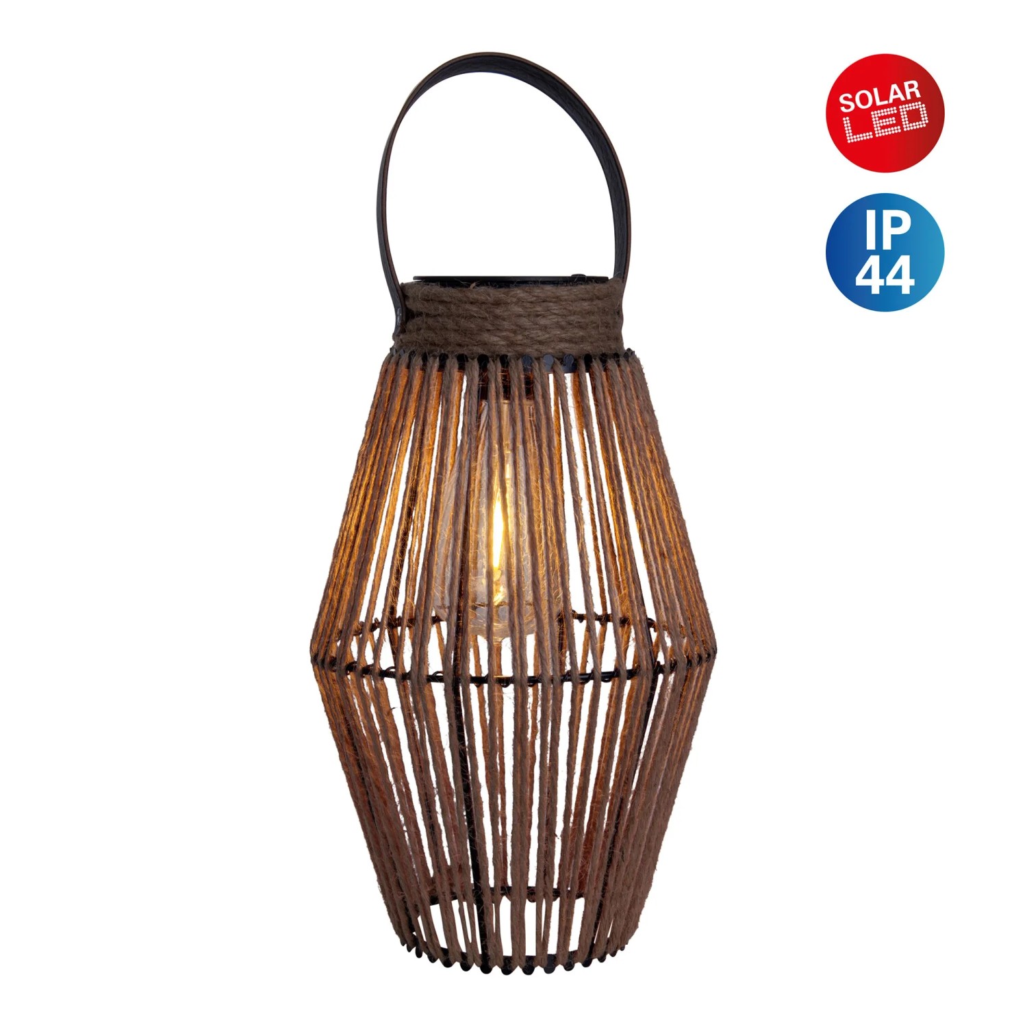 Näve LED-Solarleuchte Korbinian, Natur/Dunkel, Ø 18 cm, 30 cm hoch. Dekorative Gartenleuchte mit Tragegriff.