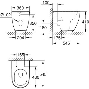 Technische Zeichnung: Grohe Essence Stand-WC, Tiefspüler, spülrandlos, Abgang universell, PureGuard. Maße und Details.