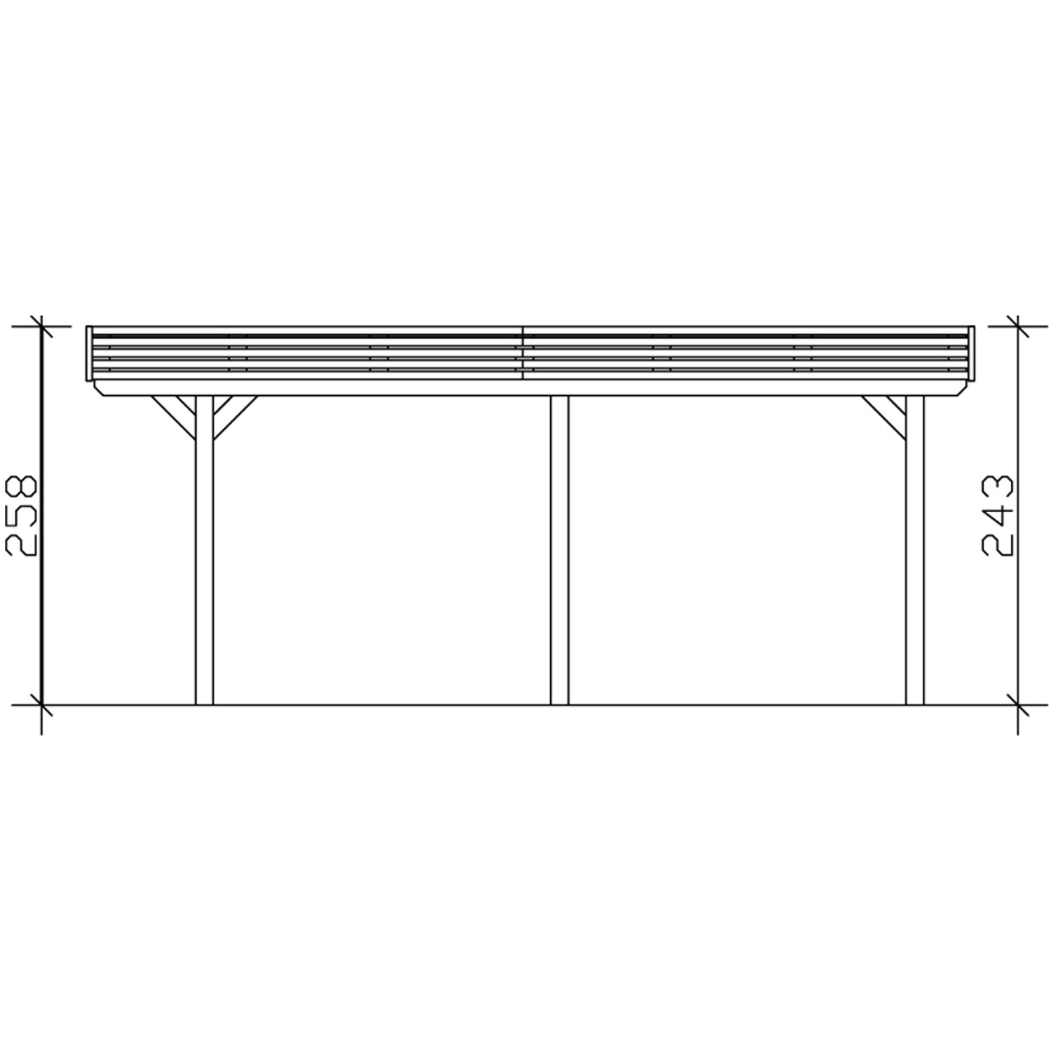 Technische Zeichnung: Skan Holz Carport Spessart, 611x604 cm, Eiche hell, mit Höhenangaben.