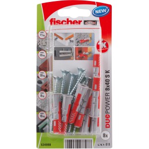 Fischer Duopower 8x40 S K Dübel, Set mit Schrauben, geeignet für verschiedene Baustoffe.
