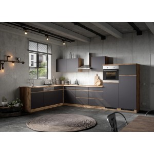 Moderne Held Möbel Winkelküche Turin in Graphit-Wotaneiche mit E-Geräten.