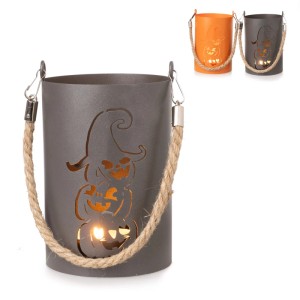 Dunkelgraues Halloween Windlicht aus Metall mit leuchtenden Kürbissen und Jutegriff. Auch orange Variante sichtbar.