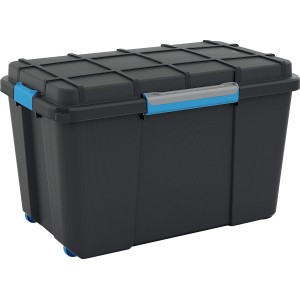 Schwarze Aufbewahrungsbox Scuba XL mit Rollen und blau-grauen Verschlüssen.