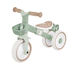 Globber Learning Trike 2in1 Plus Dreirad in Salbei Grün mit Körbchen, höhenverstellbarem Sattel und Pedalen.