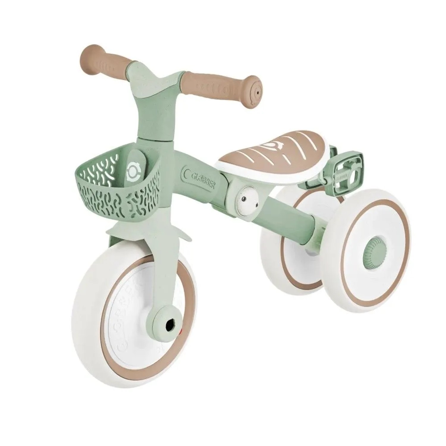 Globber Learning Trike 2in1 Plus Dreirad in Salbei Grün. Höhenverstellbarer Sattel, Körbchen, Pedale für Kinder.