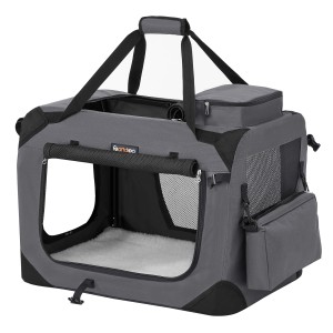 Graue Feandrea Hundebox (60x42x42 cm) mit Griffen, Netzstoff und Stahlrahmen. Ideal für Transport und Reisen.