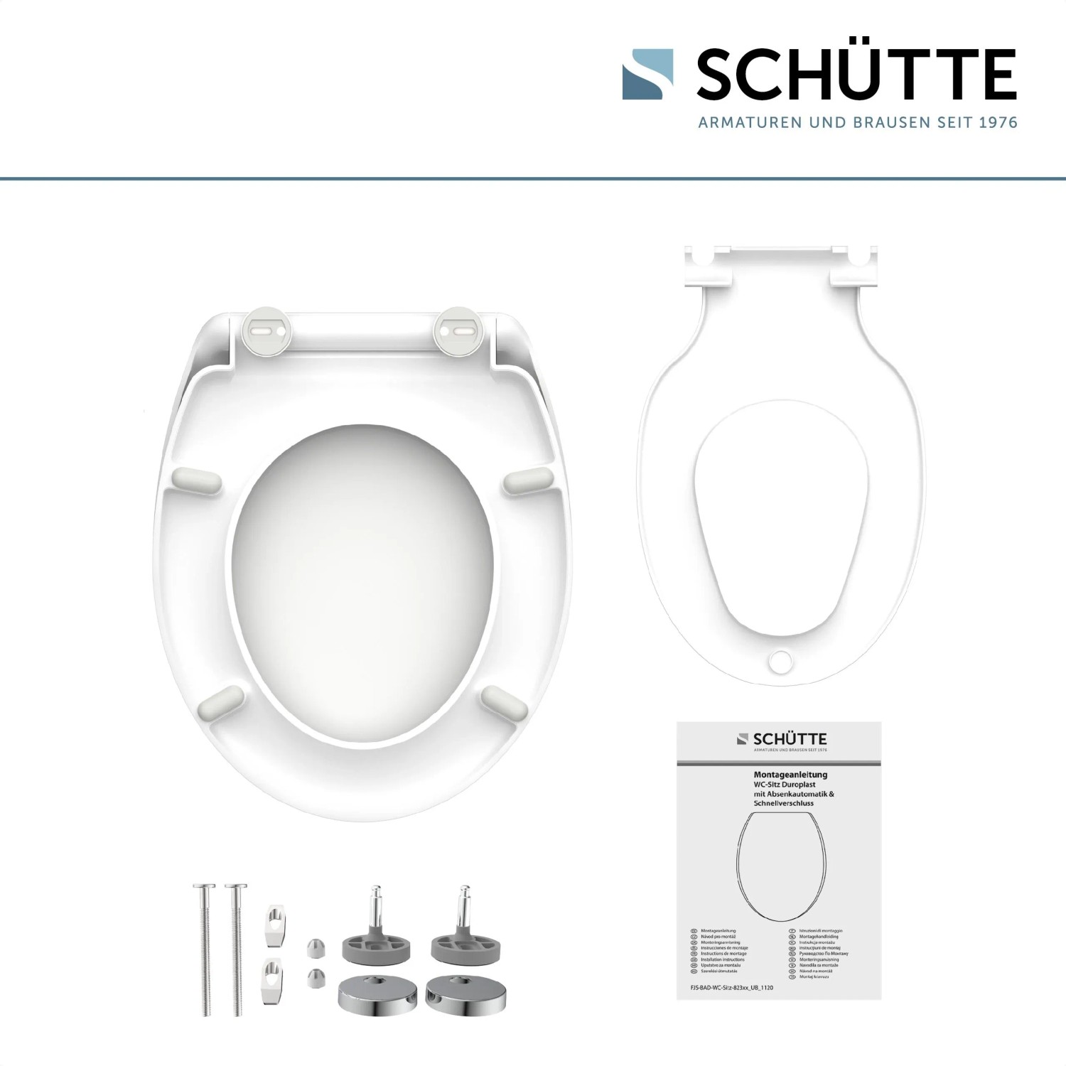 Schütte WC-Sitz Family White Duroplast mit Absenkautomatik und Schnellverschluss, Aufsicht mit Zubehör.