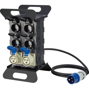 Schwarzblaue Caravan Erweiterungsbox mit 4-fach Steckdose und 2 CEE-Steckdosen, 1,5m Kabel.